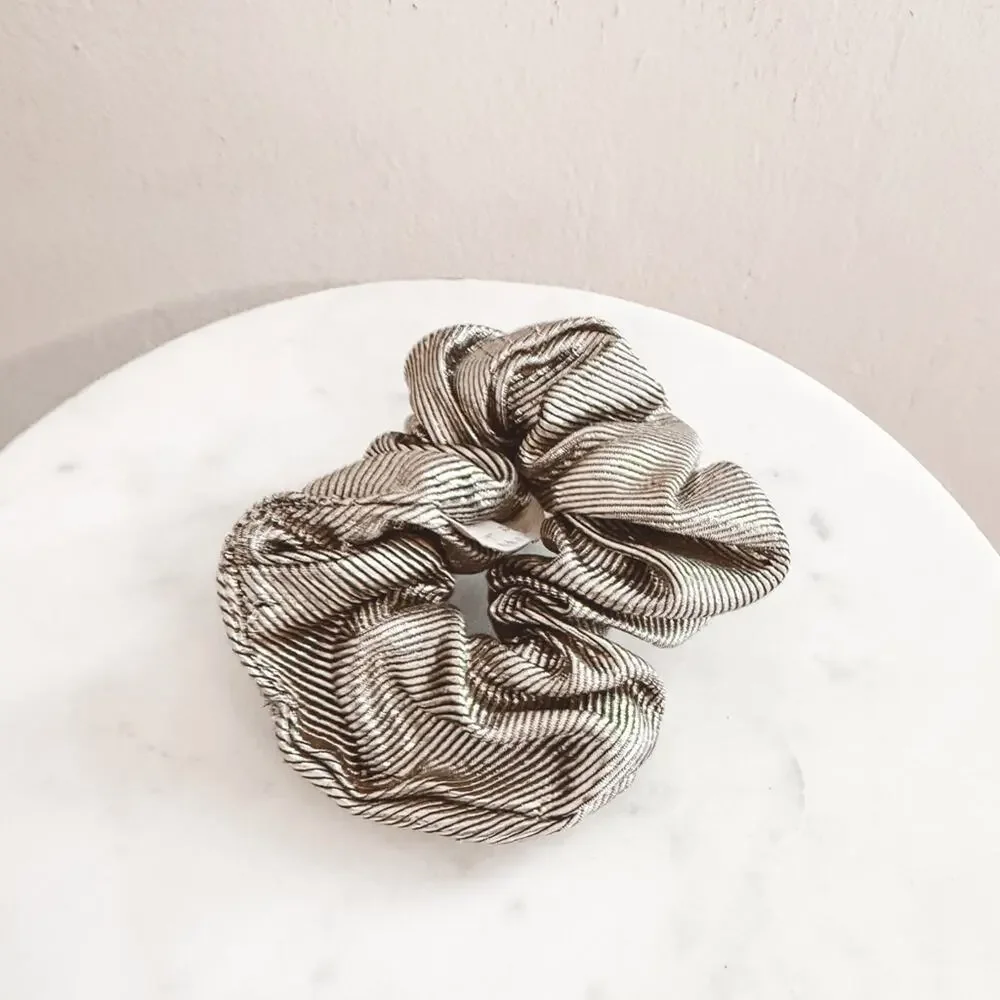 Metallic Silver Ribbed Hair Scrunchie Made In Italy